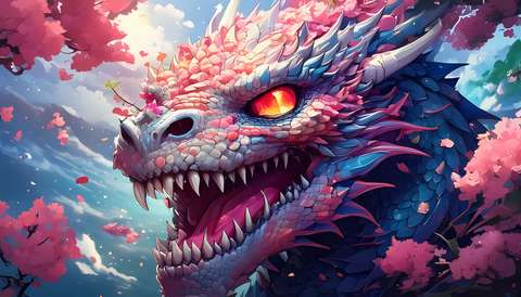 A massive pink and purple dragon surrounded by sakura trees and clouds