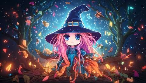 A cartoony witch girl with pink hair in a majestic forest with glowing leave and trees